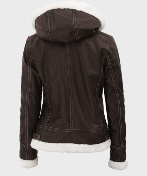 Womens-Dark-Brown-Shearling-Jacket-3.jpg Jasmine Dark Brown Jacket with hood - Image 4