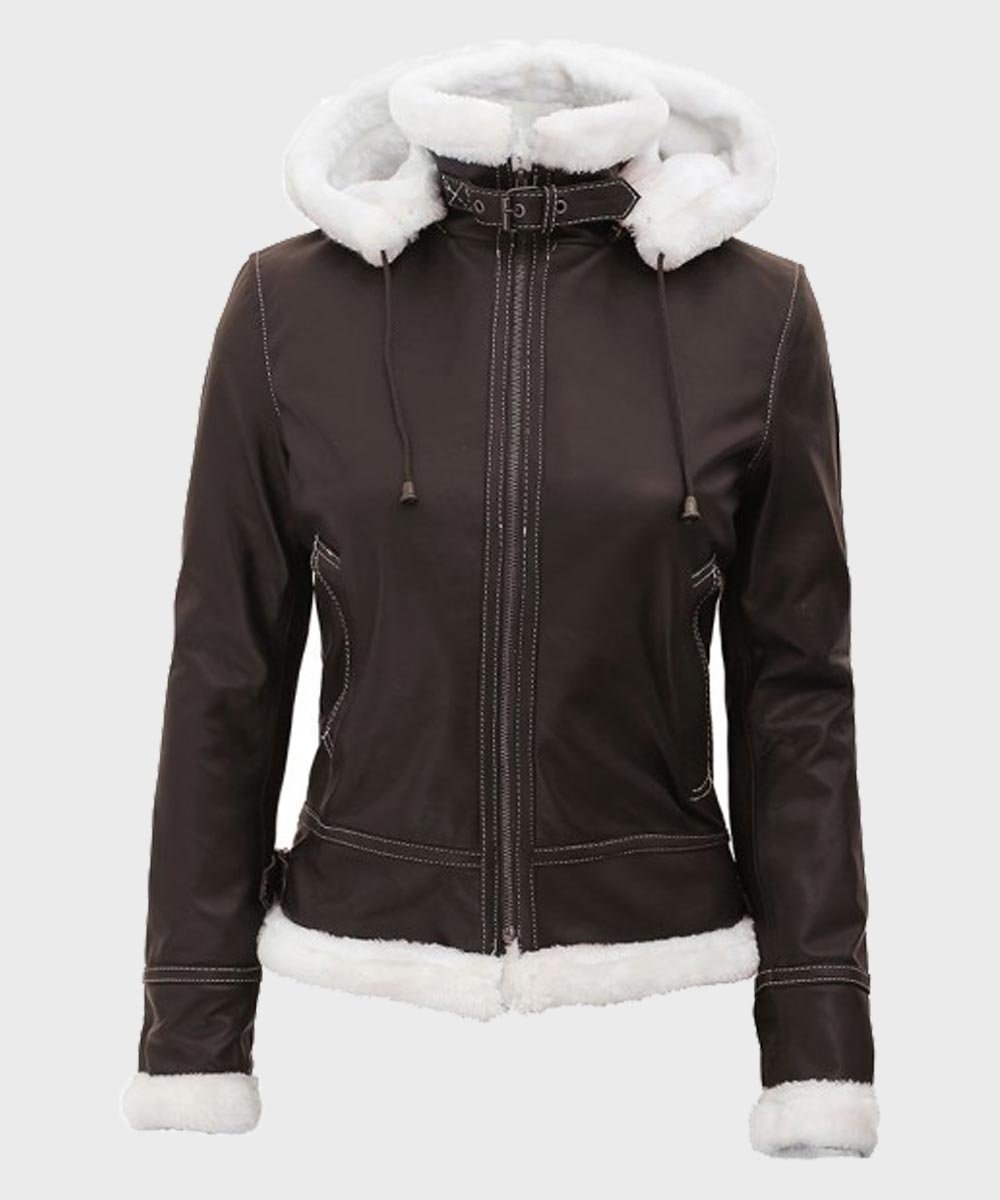 Womens-Dark-Brown-Shearling-Jacket-main.jpg Jasmine Dark Brown Jacket with hood - Image 2