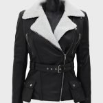 Natalie Shearling Leather Black Belted Biker Jacket
