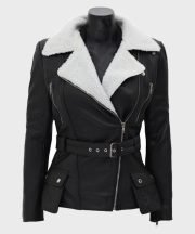 Natalie Shearling Leather Black Belted Biker Jacket