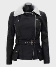 Natalie Shearling Leather Black Belted Biker Jacket - Image 2