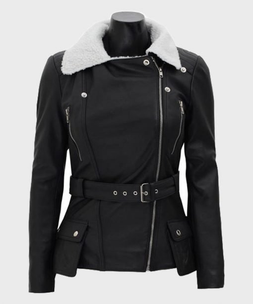 Womens-Shearling-Black-Belted-Biker-Leather-Jacket-2-1.jpg Natalie Shearling Leather Black Belted Biker Jacket - Image 2