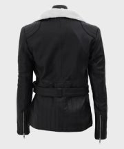 Natalie Shearling Leather Black Belted Biker Jacket - Image 3