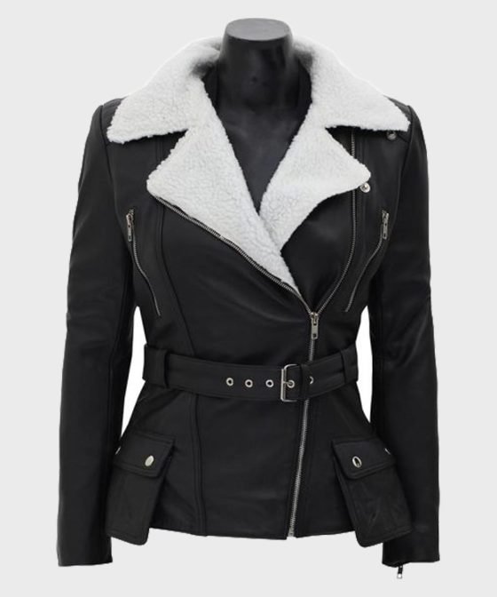 Natalie Shearling Leather Black Belted Biker Jacket
