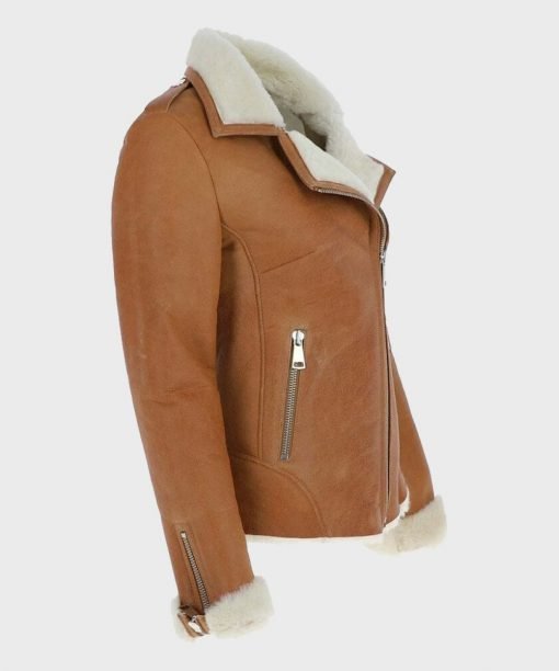 Womens-Tan-Brown-Leather-Sheepskin-Shearling-Jacket-510x612-1.jpg Jacqueline Tan Brown Shearling Suede Biker Jacket - Image 3