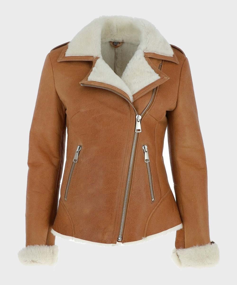 Womens-Tan-Brown-Shearling-Real-Leather-Jacket.jpg Jacqueline Tan Brown Shearling Suede Biker Jacket - Image 1