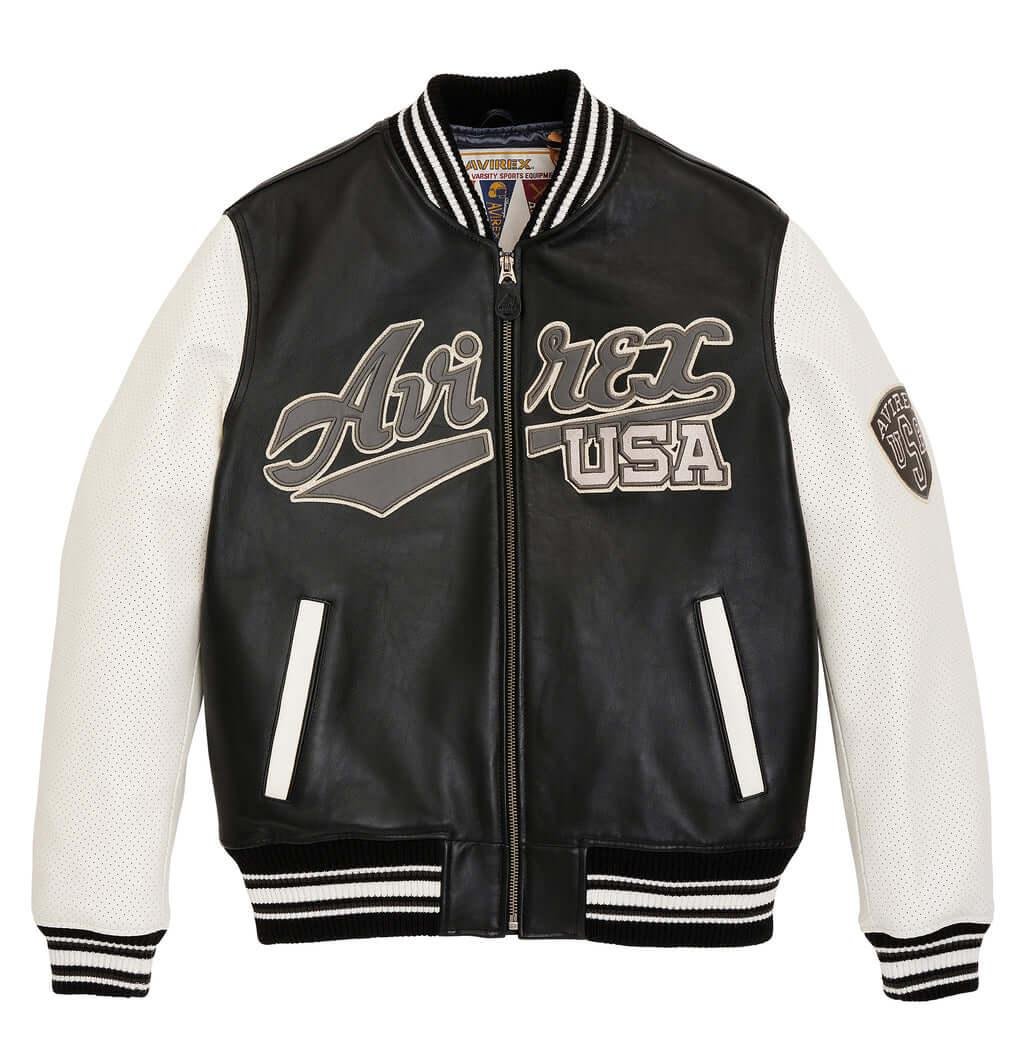 av1 Avirex Black Script USA Varsity Leather Jacket - Image 1