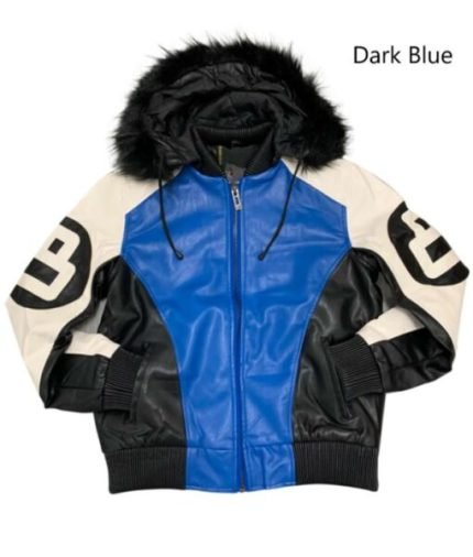 Unisex 8 Ball Black White and Blue Bomber Parka Leather Jacket
