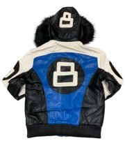 Unisex 8 Ball Black White and Blue Bomber Parka Leather Jacket - Image 3