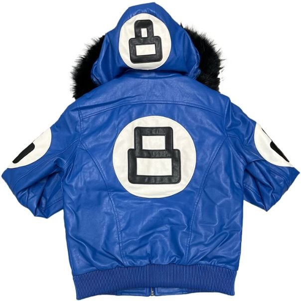 8-Ball-Blue-Hooded-Bomber-Jacket.jpg Unisex 8 Ball Multiple Colors Bomber Hooded Leather Jacket - Image 3