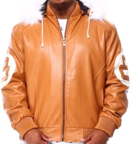 Unisex 8 Ball Orange Fur Hooded Leather Jacket