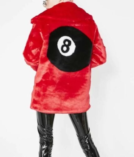 8 Ball Logo Printed Red Fur Jacket