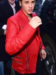 Justin Bieber NY Fashion Week Fall Red Leather Jacket