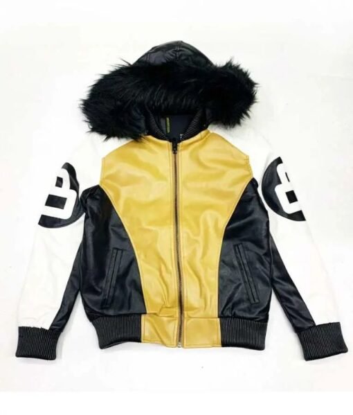 Khaki-and-White-8-Ball-Jacket-With-Fur-Hood-510x599-1.jpg Unisex Khaki and White 8 Ball Fur Hooded Jacket - Image 1
