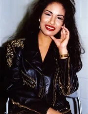 Selena Quintanilla Black Biker Vegan Studded Leather Jacket - Image 2