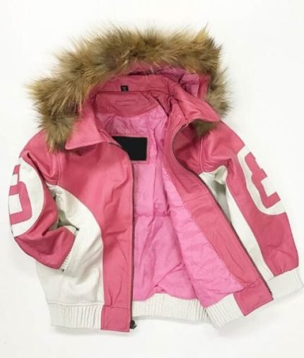 Womens 8 Ball Pink Leather Fur Hooded Jacket