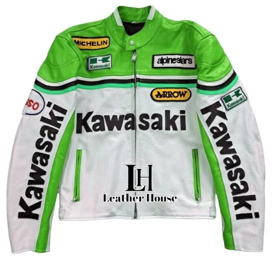 Men Kawasaki Vintage Rarer Racing Biker Leather Jacket