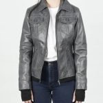 Betty Women’s Dark Grey Waxed Leather Jacket with Detachable Hood