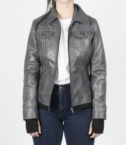Betty Women’s Dark Grey Waxed Leather Jacket with Detachable Hood