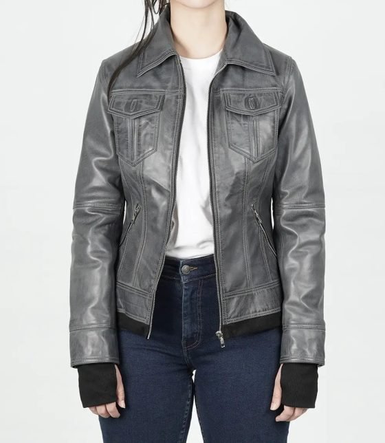 Betty Women’s Dark Grey Waxed Leather Jacket with Detachable Hood