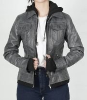 Betty Women’s Dark Grey Waxed Leather Jacket with Detachable Hood