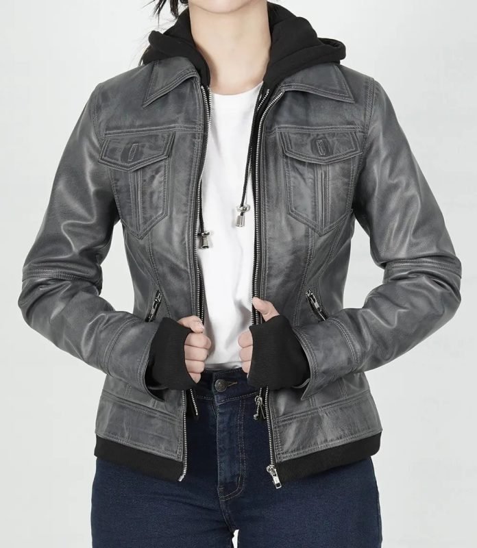 Betty Women’s Dark Grey Waxed Leather Jacket with Detachable Hood