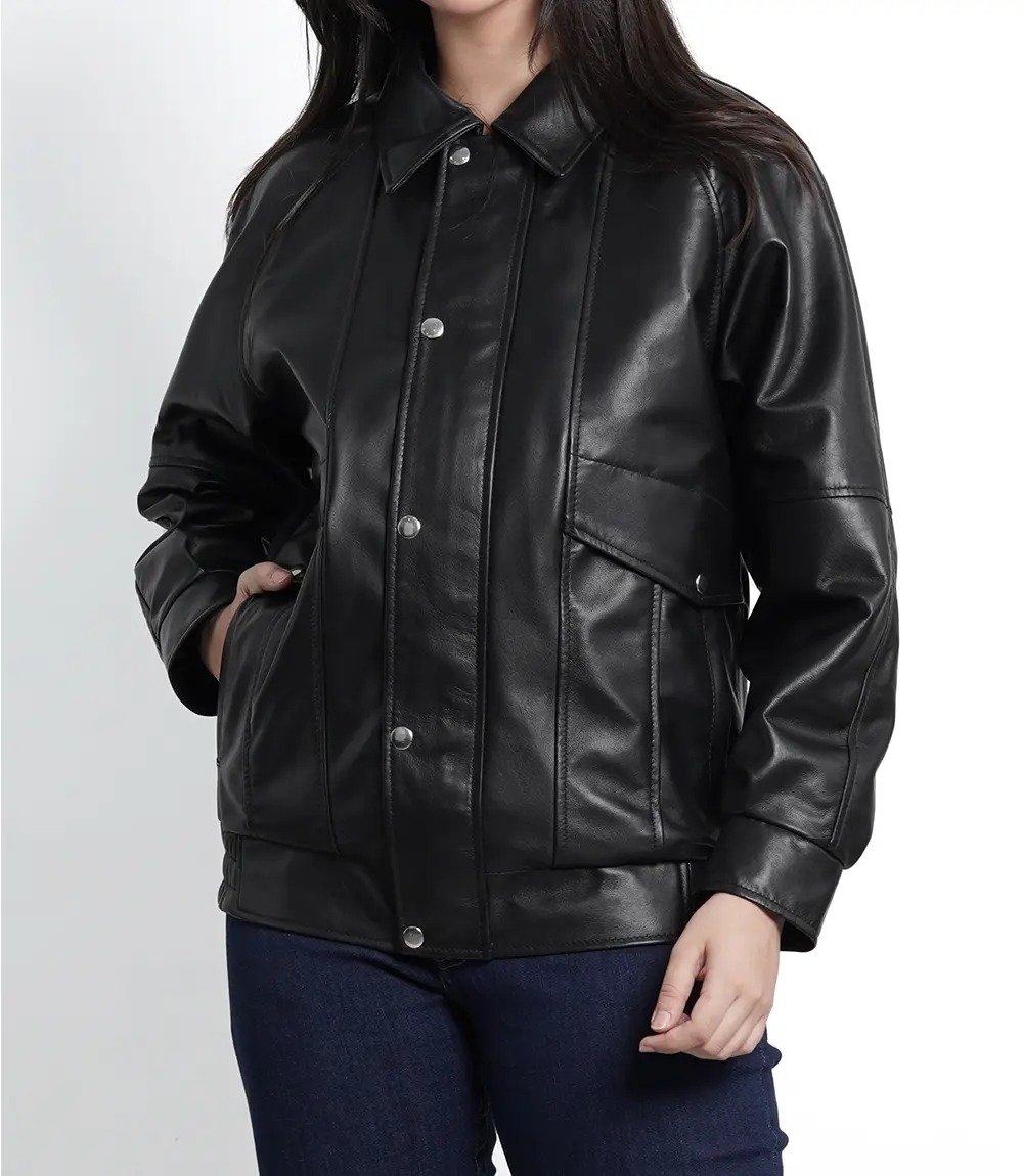 Black Leather Oversized Bomber Jacket for Women Black Leather Oversized Bomber Jacket for Women