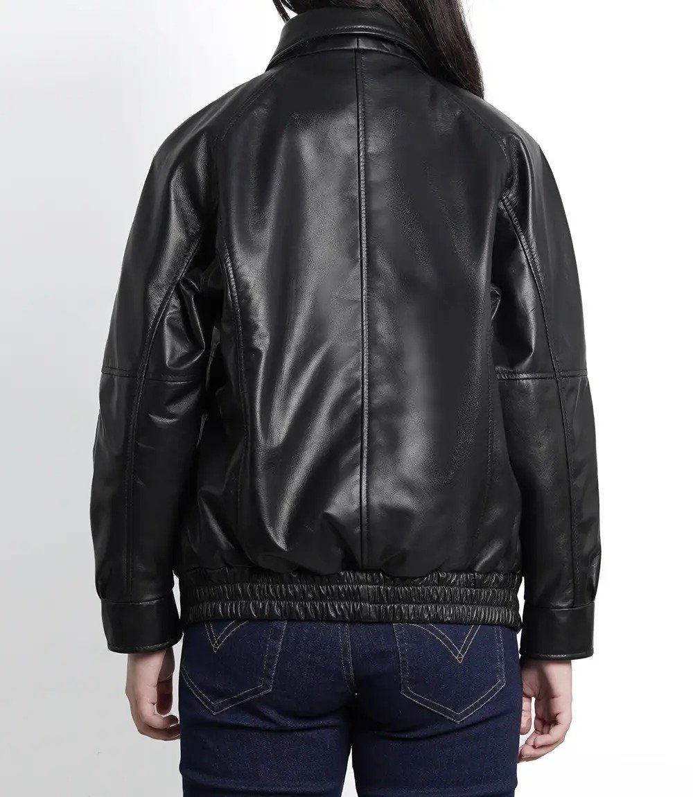 Black Leather Oversized Bomber Jacket for Women1 Black Leather Oversized Bomber Jacket for Women
