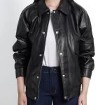 Black Leather Oversized Bomber Jacket for Women