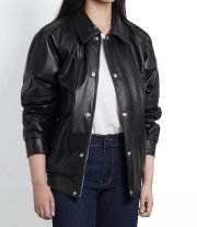 Black Leather Oversized Bomber Jacket for Women