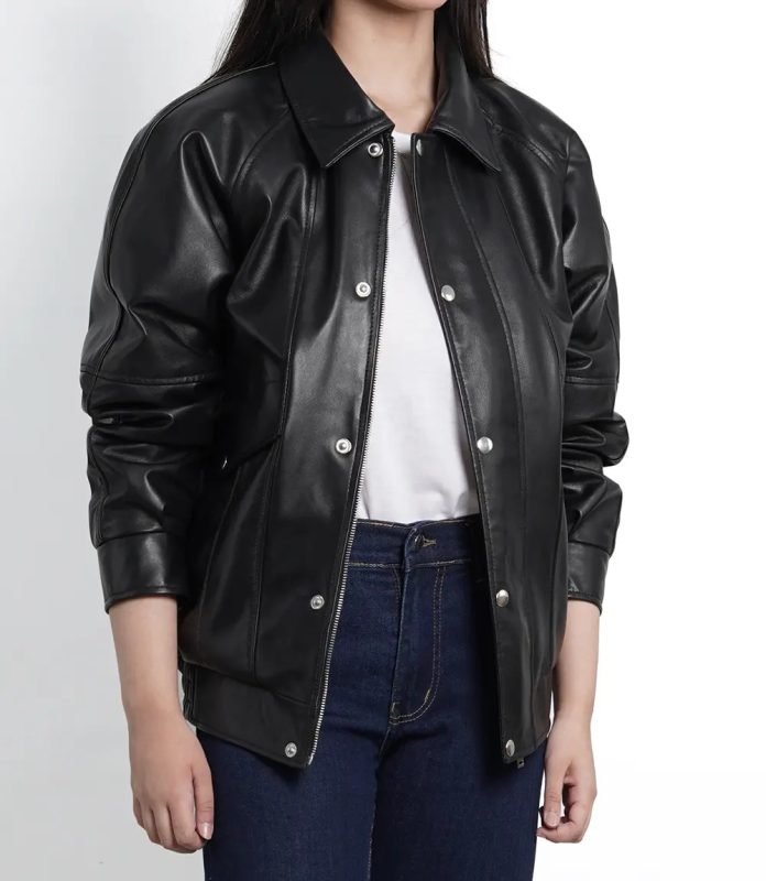 Black Leather Oversized Bomber Jacket for Women