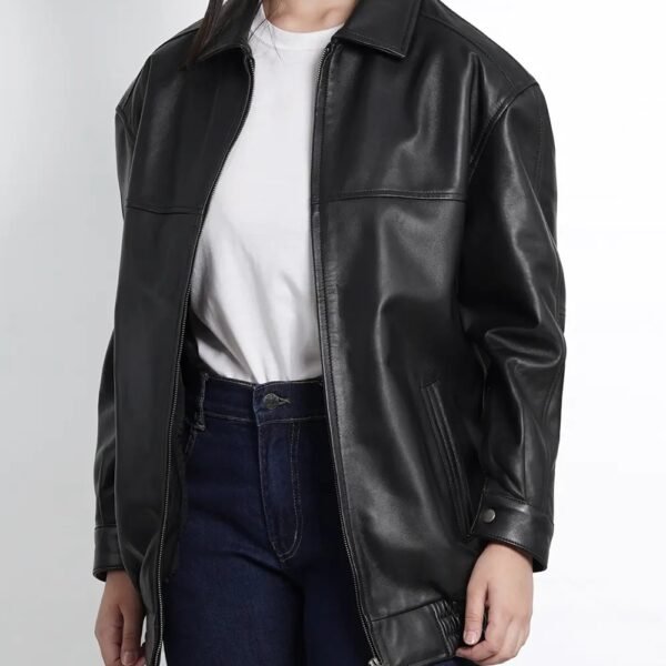 Bold & Stylish Women's Black Leather Bomber Jacket