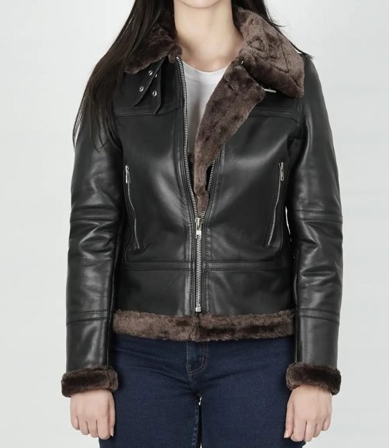 Classic Women’s Dark Brown Leather Bomber with Shearling