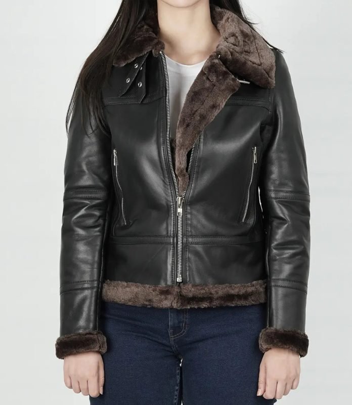 Classic Women’s Dark Brown Leather Bomber with Shearling