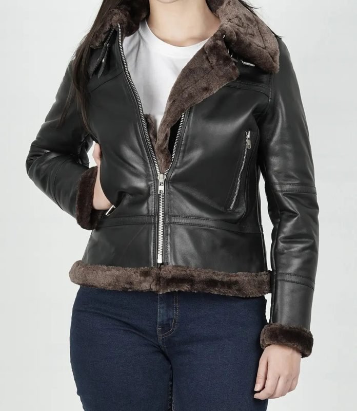 Classic Women’s Dark Brown Leather Bomber with Shearling