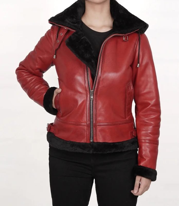 Classic Women's Red Shearling Leather Bomber Jacket with Hood