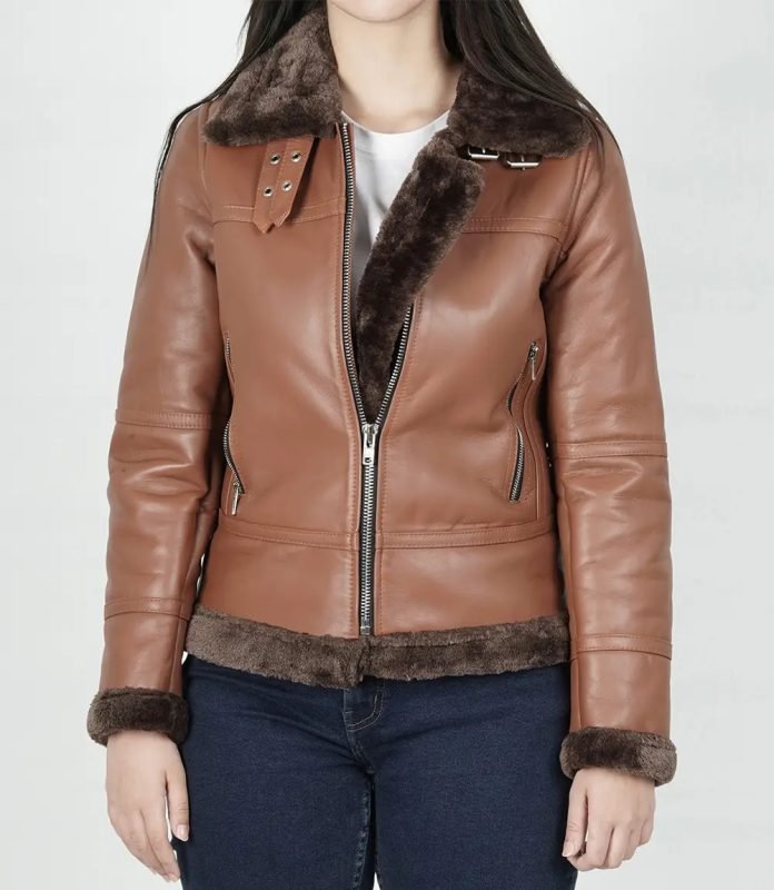 Cognac Shearling Leather Bomber Jacket for Women