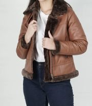 Cognac Shearling Leather Bomber Jacket for Women