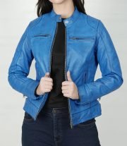 Dodge Women's Sky Blue Leather Motorcycle Jacket