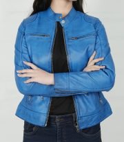 Dodge Women's Sky Blue Leather Motorcycle Jacket