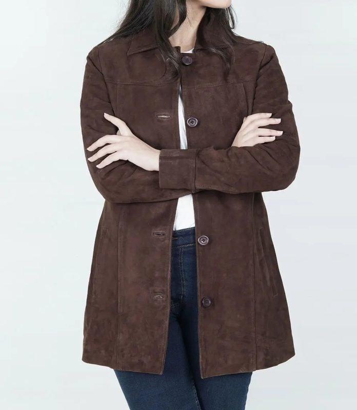 Elegant Women's Dark Brown Suede Car Coat by Kandis