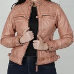 Elegant Women's Pink Cognac Waxed Cafe Racer Leather Jacket