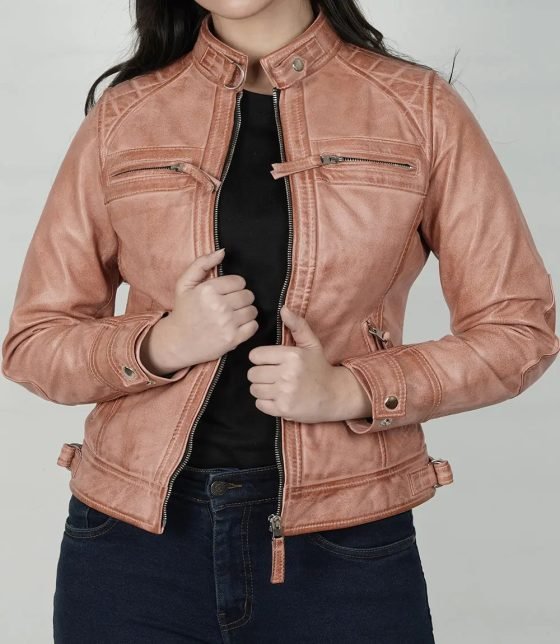 Elegant Women's Pink Cognac Waxed Cafe Racer Leather Jacket