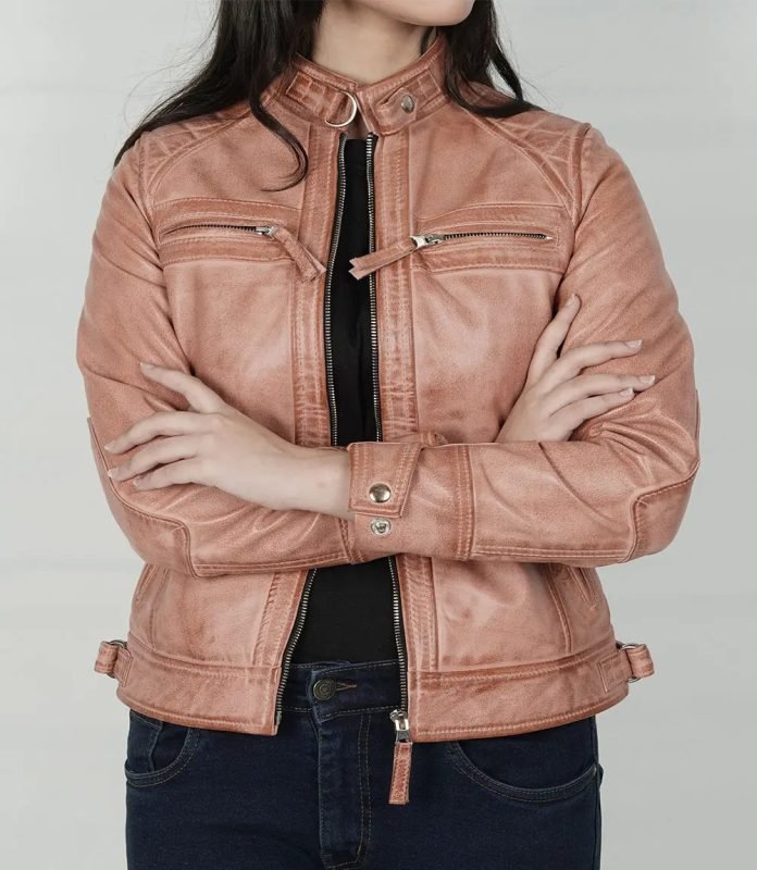 Elegant Women's Pink Cognac Waxed Cafe Racer Leather Jacket