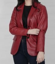 Fashionable Women's Two-Button Red Leather Blazer Jacket