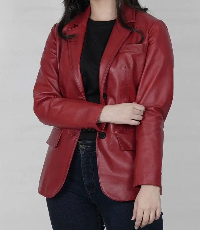 Fashionable Women's Two-Button Red Leather Blazer Jacket