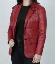 Fashionable Women's Two-Button Red Leather Blazer Jacket