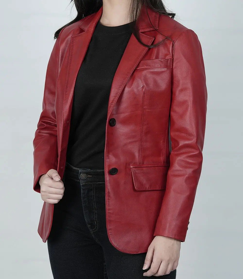 Fashionable Women's Two-Button Red Leather Blazer Jacket2 Fashionable Women's Two-Button Red Leather Blazer Jacket