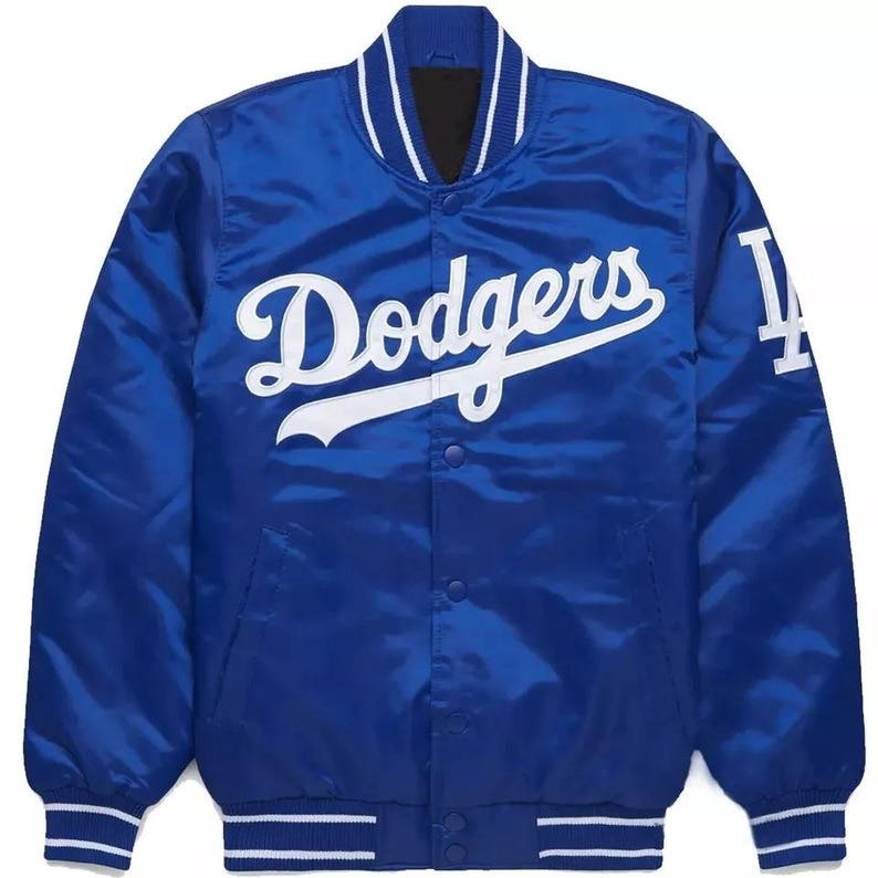 Handmade MLB LA Dodgers Blue Satin Baseball Bomber Jacket with Embroidery