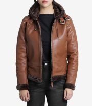 Luxurious Women's Cognac Brown Leather Jacket with Shearling Hood